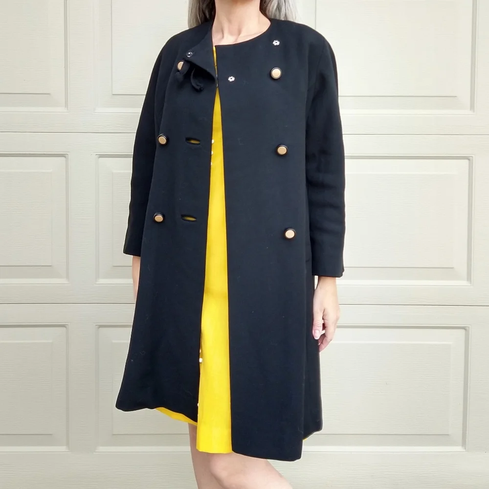 BLACK WOOL WEAVE COAT vintage 1960's 60's S M - Picture 2 of 10